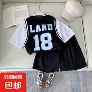 新款兒童速干球衣男女童夏季透氣休閑短袖短褲兩件套寶寶球服套裝 炫酷黑 150 150cm