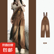 減齡氣質(zhì)美式設(shè)計(jì)感復(fù)古漢堡刺繡牛仔背帶褲女秋冬大碼洋氣連體褲 棕色刺繡漢堡背帶褲單件 S碼（建議80-95斤）