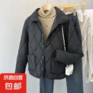 春秋季輕薄款女士新款小棉襖短款純色翻領(lǐng)薄款外套棉衣女百搭 黑色 2XL 建議90-110斤