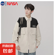 NASALIKE長袖襯衫男士2025新款撞色拼接襯衣休閑百搭外套男裝 C2399-杏色工裝襯衫【NASA】 M 【100-125斤】
