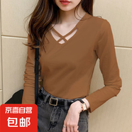 設計感長(cháng)袖t恤女春秋裝2025新款休閑顯瘦純色修身雙V領(lǐng)打底衫上衣 深棕色 2XL