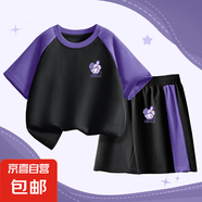 【男童運(yùn)動(dòng)套裝】男童套裝夏季2025新款帥氣男孩短袖上衣兒童短褲 帽兒兔K紫黑-帽兒兔K紫黑 110