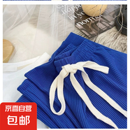 夏季少女直筒褲女夏垂墜感高腰修身拖地褲褶皺褲闊腿褲女百搭長(cháng)褲 藍色 均碼 常規