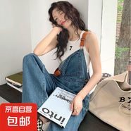 減齡氣質(zhì)設(shè)計(jì)感潑墨牛仔背帶褲女春秋大碼胖mm洋氣復(fù)古吊帶連體褲 藍(lán)色潑墨牛仔背帶褲單件 3XL碼（建議140-160斤）