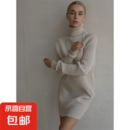 歐美跨境秋冬女裝高領(lǐng)包臀毛衣裙休閑寬松加厚坑條純色針織連衣裙 杏色 L