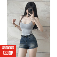 美式復(fù)古牛仔短褲女夏季辣妹設(shè)計(jì)感高腰修身顯瘦做舊a字短褲熱褲 藍(lán)色-004 M
