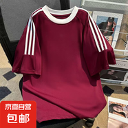 美式純棉三條杠短袖t恤男夏季潮牌圓領(lǐng)寬松百搭半袖情侶上衣服 酒紅色T18 L