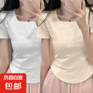 白色圓領(lǐng)魚(yú)骨線短袖t恤女2025年新款內(nèi)搭純欲辣妹修身百搭上衣服 951-白色+杏色 M