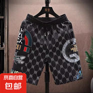 男士短褲夏季新款高檔冰絲印花五分褲中褲潮流男裝休閑薄款沙灘褲 K56黑色 2XL 建議130-145斤