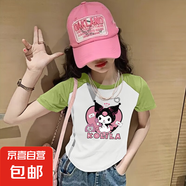 可愛(ài)女童夏裝卡通純棉休閑印花公主短袖百搭夏季插肩寶寶洋氣上衣 綠色【撞色純棉短袖】 120 cm