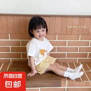 【兒童短袖套裝】2025韓國新款童裝半袖上衣男女童短袖短褲套裝 三角龍黃色格短套 常規(guī) 90