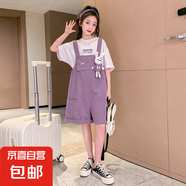女童背帶褲套裝夏款新品短袖短褲兩件套兒童夏天紫色褲子大童夏裝 紫色套裝 130