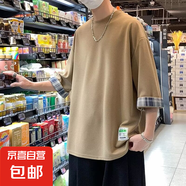 七分袖t恤男夏季2025短袖港風潮牌寬松休閑大碼帥氣半袖上衣體恤D 夜色DX013卡其色 XL