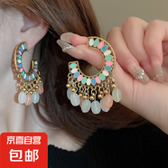 民族風鳳凰月牙流蘇耳釘小眾復古設計感耳環(huán)夏季女輕奢高級感耳飾 36#鋼針-彩色
