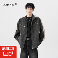 春秋美式拼接墊肩PU皮夾克男寬松機(jī)能風(fēng)嘻哈潮牌立領(lǐng)外套 黑色 L