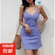 美式辣妹內(nèi)搭印花v領(lǐng)吊帶連衣裙女夏新款碎花吊帶裙女裝 裙7-天藍(lán) M