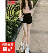黑色牛仔短褲女含棉春秋薄款新款高腰寬松a字超短緊身熱褲辣妹 黑色 J07牛仔短褲 M