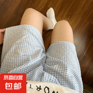 睡褲女夏季薄款親膚短褲女睡衣冰絲高腰寬松大碼 藍色格子 2XL （120-150斤）