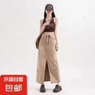 2025夏季新款牛仔半身裙女高腰顯瘦中長款開叉a字裙子工裝牛仔裙 卡其色 S