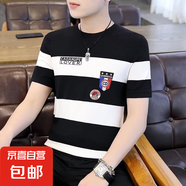 2025新款春夏季冰絲短袖t恤男士薄款條紋ins刺繡潮牌高端冰感體恤 黑白色 M