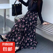 女裝半身裙夏季2025新款復(fù)古港風(fēng)碎花高腰顯瘦百褶長裙子黑色S-L 黑色 S