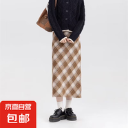 毛呢格子半身裙女秋冬加厚新款高腰中長款ins超火A字開叉包臀裙子 卡其色471拉鏈款 3XL