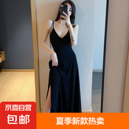 新款吊帶小黑裙性感溫柔v領(lǐng)打底復(fù)古長(zhǎng)款側(cè)開叉黑色連衣裙女 黑色 M