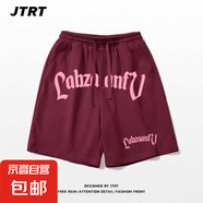 美式復(fù)古印花運動短褲男2025夏季寬松直筒高街潮流休閑五分褲子男 HQ-D1073-酒紅色 XL