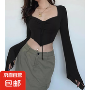 2024歐美秋冬女裝ins潮牌網(wǎng)紅辣妹掛脖魚(yú)骨方領(lǐng)性感露臍顯瘦T恤女 黑色上衣 L