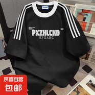 歐貨大版寬松圓領(lǐng)三條杠T恤女短袖美式復(fù)古潮牌純棉重磅半袖上衣 黑色 2XL