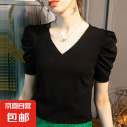 短袖t恤女2025新款夏純棉純色泡泡袖上衣V領(lǐng)修身顯瘦正肩爆款體恤 K7-黑色 XL 建議115-125斤