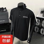 復(fù)古拼色立領(lǐng)短袖t恤男設(shè)計(jì)款半袖情侶裝polo衣服體恤衫男裝XH 黑色 XL