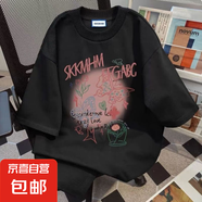 爆款純棉潮牌短袖t恤女美式復(fù)古夏季寬松oversize高街洋氣情侶衫 47SKKMHM黑色 2XL  建議140-160斤