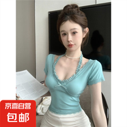 湖藍(lán)色蕾絲花邊掛脖上衣女純欲辣妹V領(lǐng)短袖打底衫短款蝴蝶結(jié)T恤女 湖藍(lán)色 L