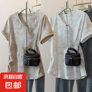 夏季新款扎染獨(dú)特設(shè)計(jì)短袖t恤女大碼寬松胖mm顯瘦遮肚V領(lǐng)百搭上衣 K24-卡其色+白色 3XL 建議體重150-170斤