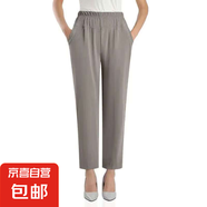 金鈴誠夏季薄款褲冰絲褲中老年女褲媽媽褲高腰松緊休閑褲彈力直筒 卡其色 2XL 推薦100-120斤