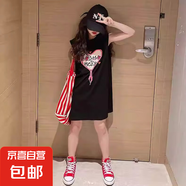 【女童連衣裙】夏裝薄款洋氣中大兒童夏季背心裙休閑中長(zhǎng)款T恤裙 黑色 150