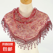 韓版女蕾絲碎花三角巾鏤空透氣包頭紗田園復古風(fēng)三角披肩防曬頭巾 酒紅色