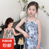 【中國風(fēng)裙子】夏季新款女童連衣裙兒童中國風(fēng)水墨洋氣吊帶裙 黑色風(fēng)景 90 90cm
