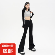 2025加長褲子女高個子煙灰色高腰牛仔喇叭褲春秋175毛邊微喇褲秋 N09-黑色   XL