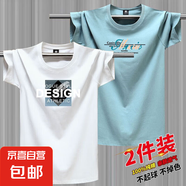啄木鳥夏季薄款100%純棉男士短袖t恤男圓領(lǐng)寬松潮流T恤汗衫 【2件裝】DES白色+音樂天藍(lán) 2XL