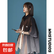 漸變短袖襯衫男夏季薄款男女情侶冰絲寬松休閑五分半袖襯衣外套 神秘k34黑色 短袖 XL 【120-140斤】