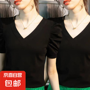 短袖t恤女2025新款夏純棉純色泡泡袖上衣V領(lǐng)修身顯瘦正肩爆款體恤 K7-黑色+黑色 2XL 建議125-135斤