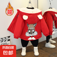 男童冬裝加絨加厚收腰風(fēng)衣女秋冬款兔子印花連帽棉衣外套 小腳兔加絨外套紅色 140