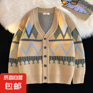 2024秋冬新款港風(fēng)新款撞侶拼接開衫慵懶風(fēng)男開衫毛衣外套針織衫 B055-卡其色 2XL