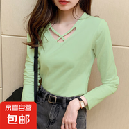 設(shè)計(jì)感長(zhǎng)袖t恤女春秋裝2025新款休閑顯瘦純色修身雙V領(lǐng)打底衫上衣 綠色 L