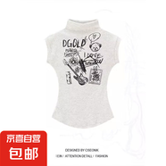 純欲風(fēng)辣妹設(shè)計感正肩棉質(zhì)半高領(lǐng)T恤女夏季新款收腰顯瘦短款上衣 1011淺灰色 M 【建議90-100斤】