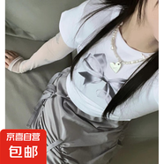 2024早春新品圓領(lǐng)蝴蝶結(jié)印花短袖T恤韓國(guó)同款休閑寬松百搭T恤 白色銀蝴蝶 XL