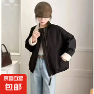 2025新款韓版雙拉鏈立領外套女小個子寬松休閑百搭顯瘦短款上衣 黑色 L 【建議130-150斤】