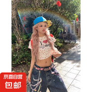 棉質(zhì)美式復古字母印花短袖T恤女夏季辣妹風(fēng)修身顯瘦短款圓領(lǐng)上衣 白色 白底紅爪 L 【建議100-110斤】